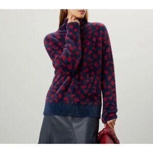THAKOON Collective Sweater Womens Small Fuzzy S Navy Red Dot Printed Pullover